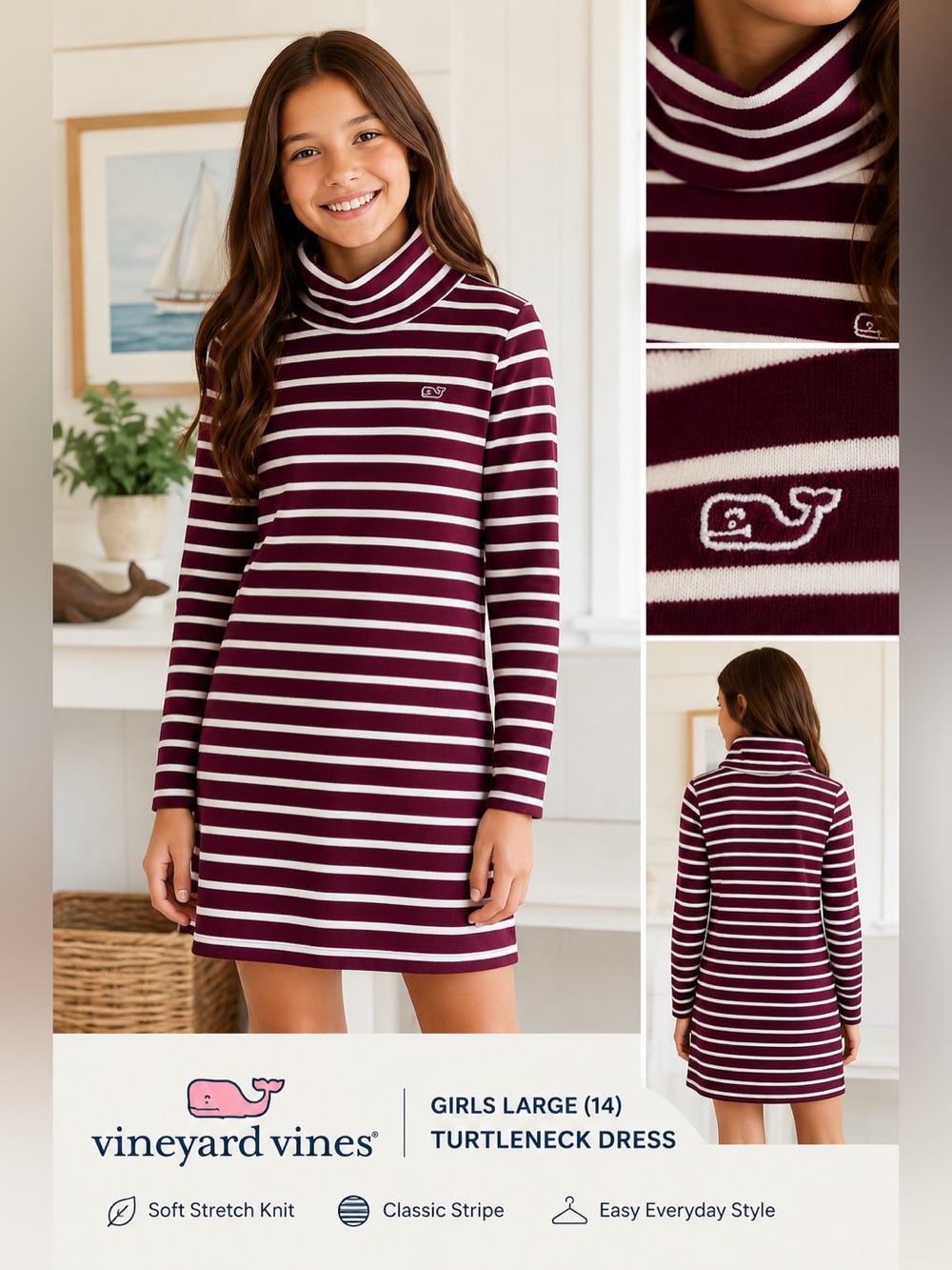 Vineyard Vines Girls Large 14 Striped Turtleneck Dress Burgundy White